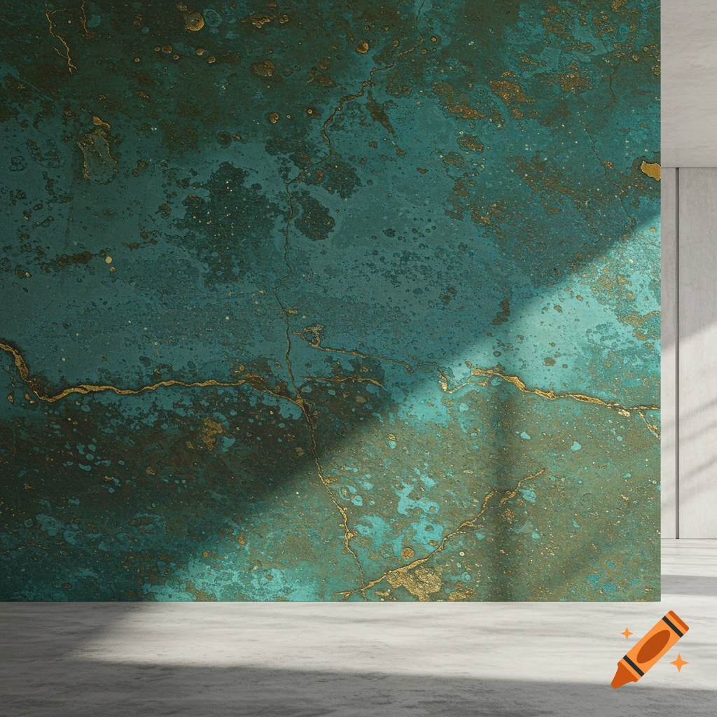 A wall with a teal and gold textured patina finish, illuminated by shadows from a window.