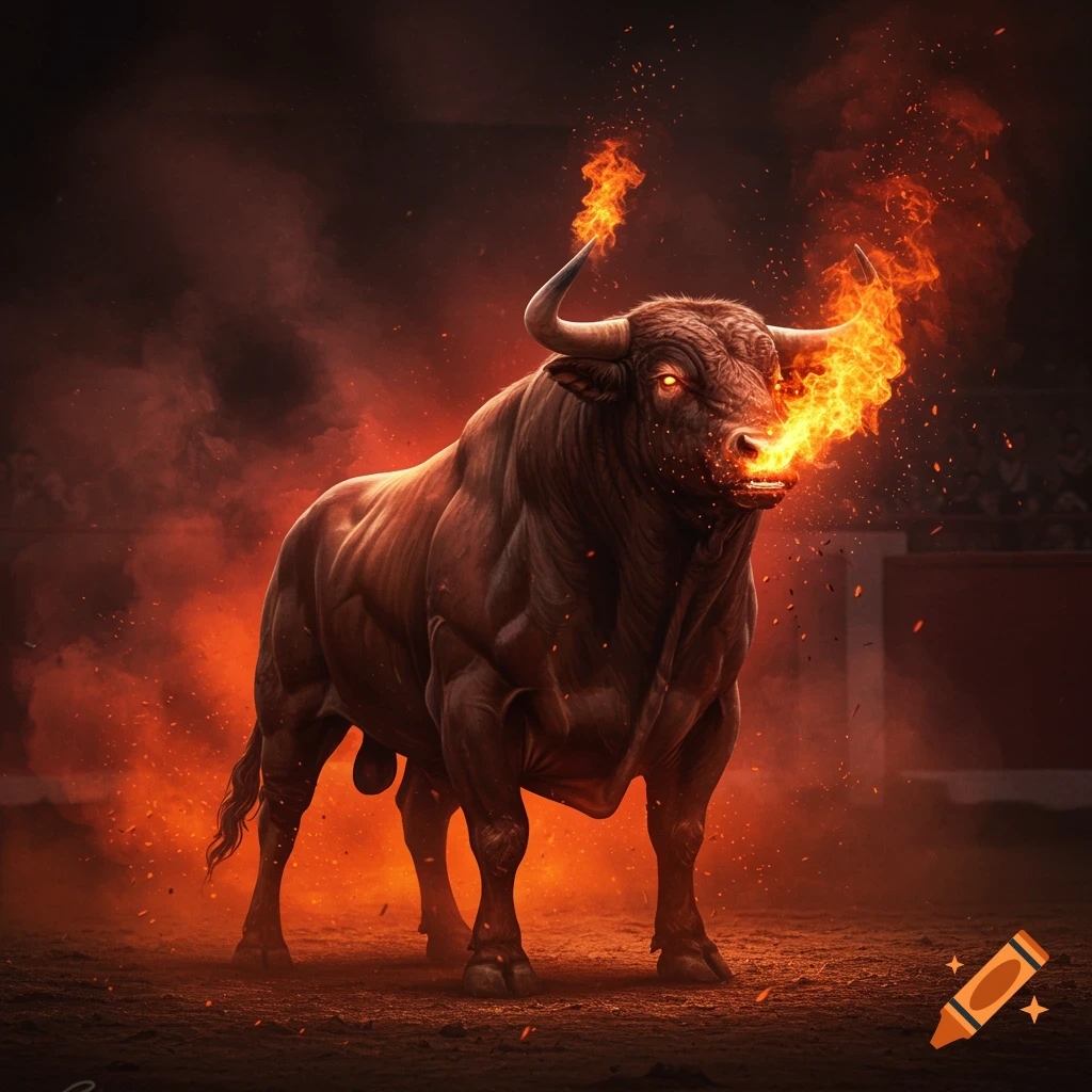 A powerful, muscular bull with glowing eyes breathes fire from its nostrils and horn, standing in a smoky, fiery arena.