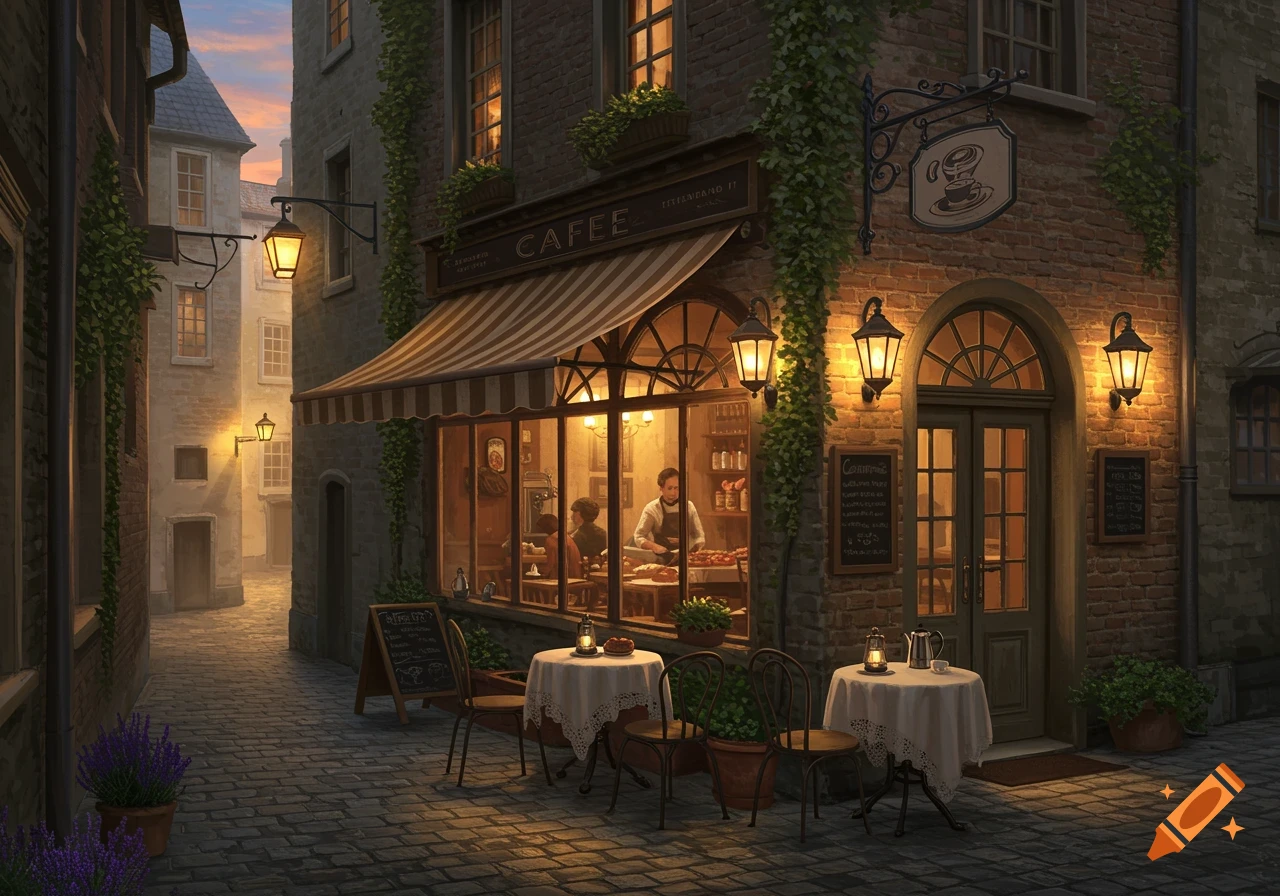A warm, inviting cafe on a cobblestone street at dusk, with glowing lanterns and outdoor seating.