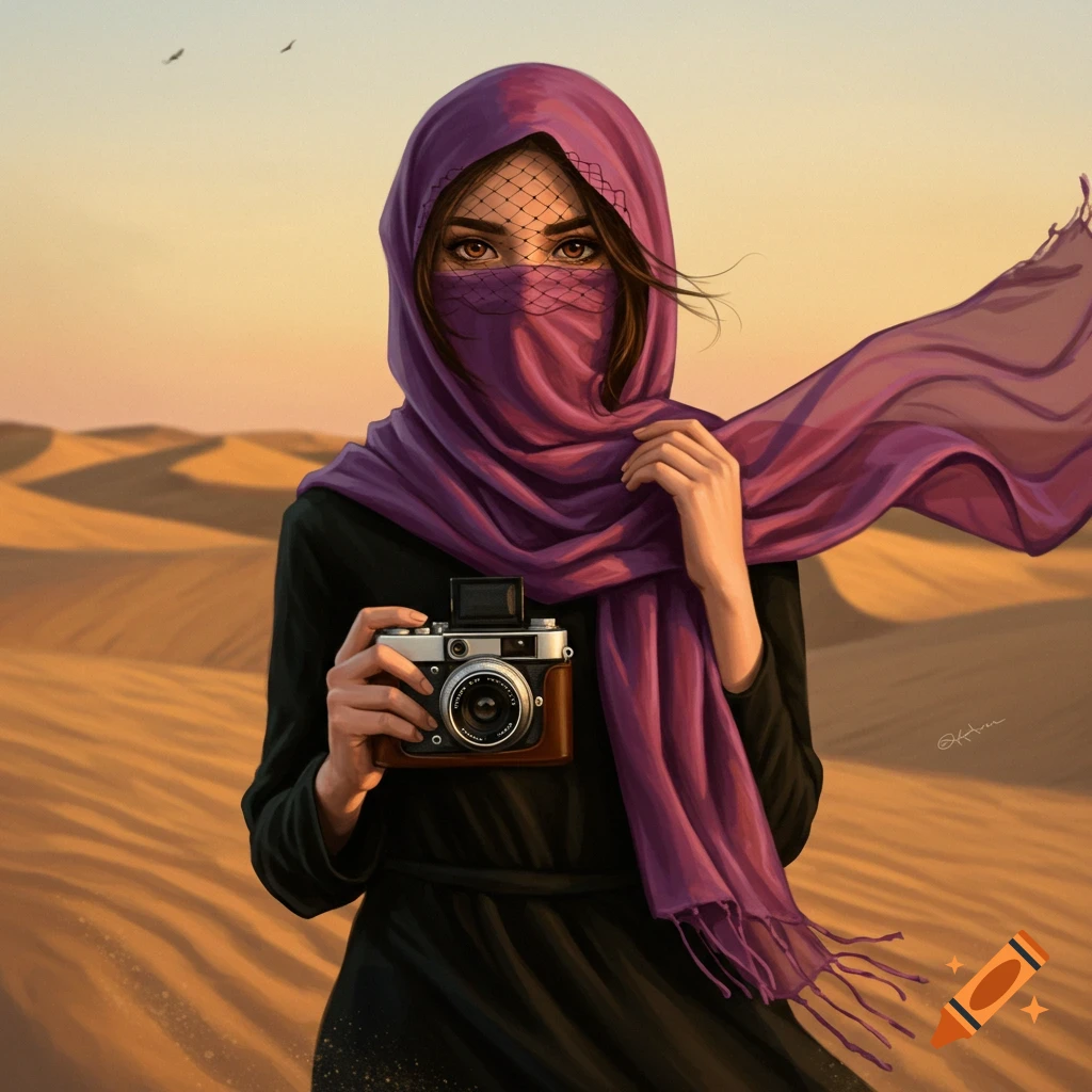 A digital painting of a veiled girl in a purple scarf holding a camera in a desert.
