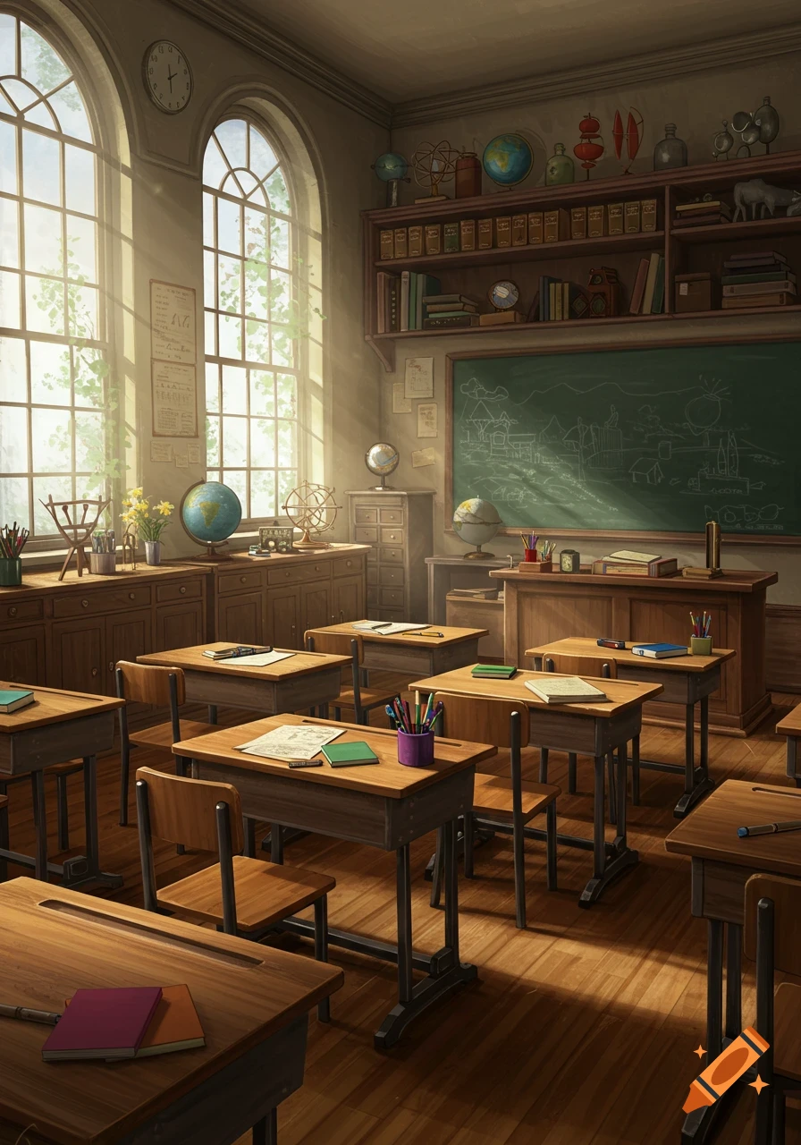 A sunlit, empty classroom with rows of wooden desks and chairs, a green chalkboard, and tall arched windows overlooking trees.