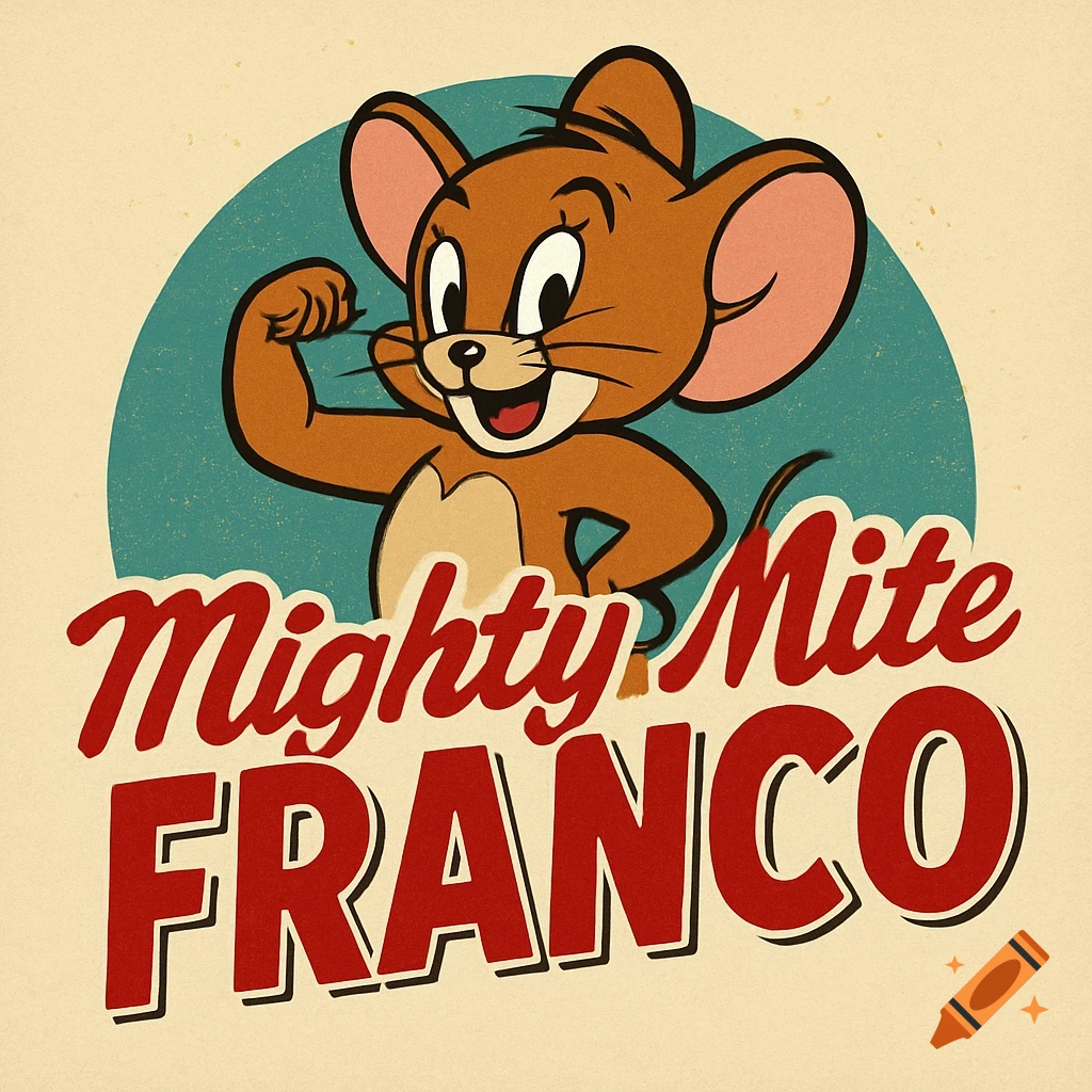 A retro-style logo featuring Jerry the mouse from Tom and Jerry flexing his bicep above the red text 'Mighty Mite Franco' on a cream background with a blue circle.