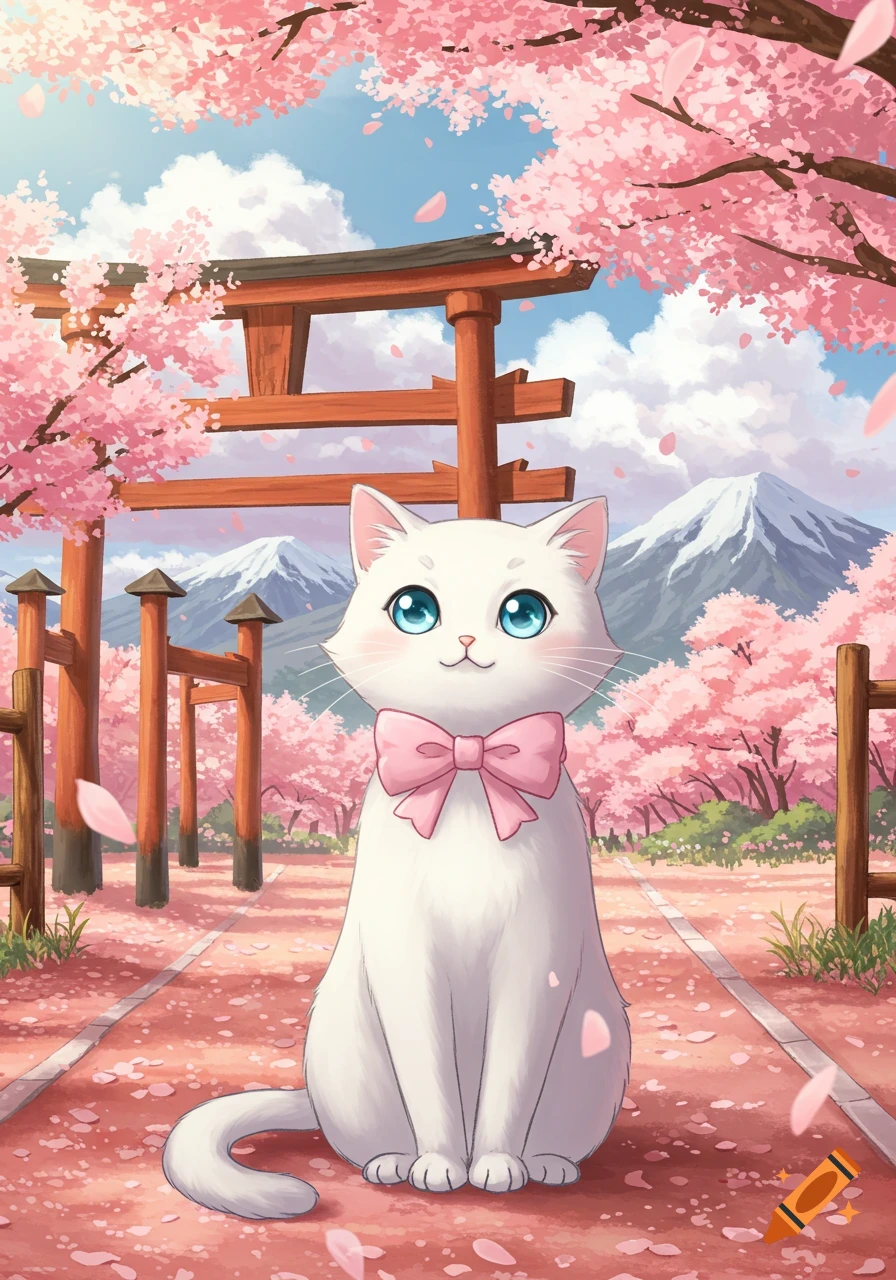 An anime white cat with a pink bow sits on a path with pink cherry blossom petals, torii gates, and Mount Fuji under a blue sky.