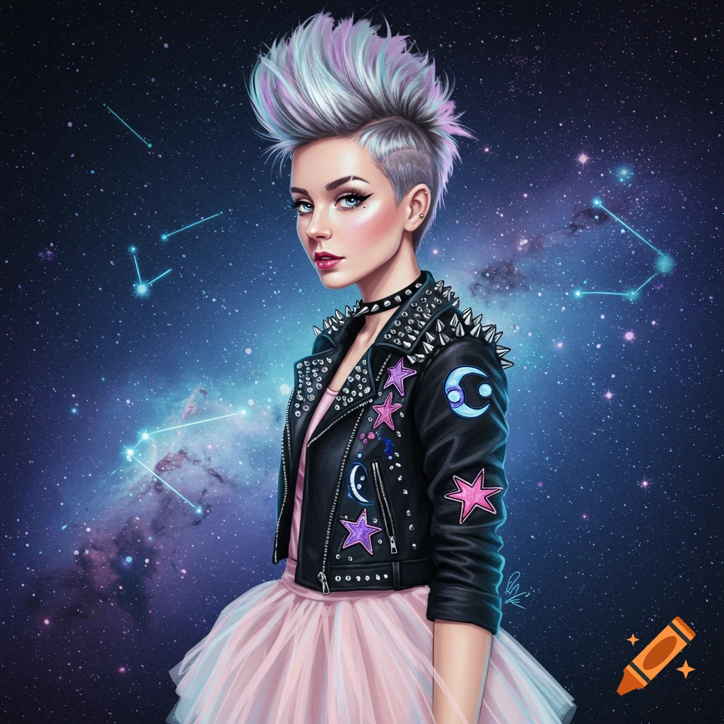 A stylized portrait of a young woman with a silver and pink mohawk, wearing a studded leather jacket and a pink tutu, set against a starry night sky with constellations.