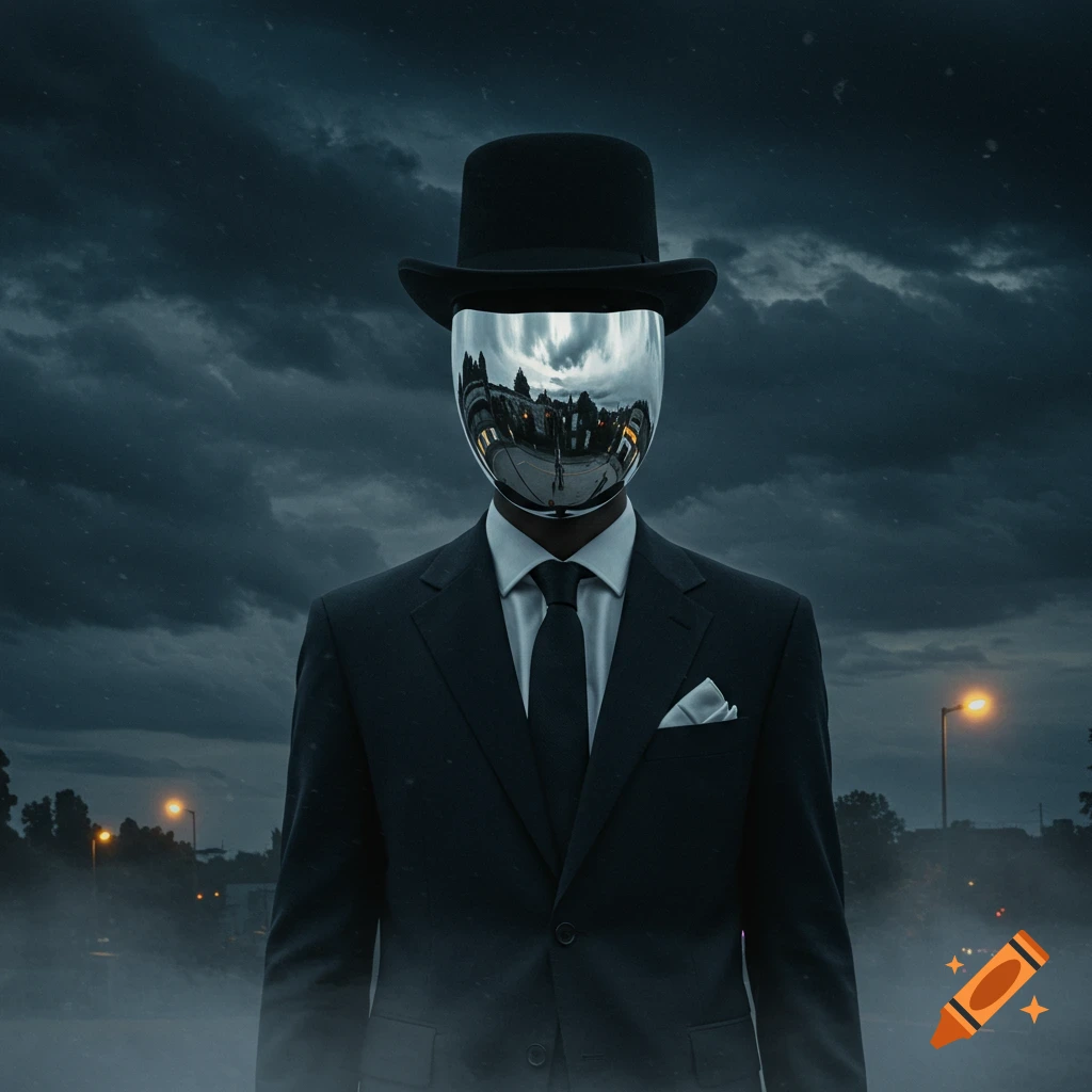 Man in black suit and top hat with a reflective mirror face showing a city reflection against a dark, cloudy sky.