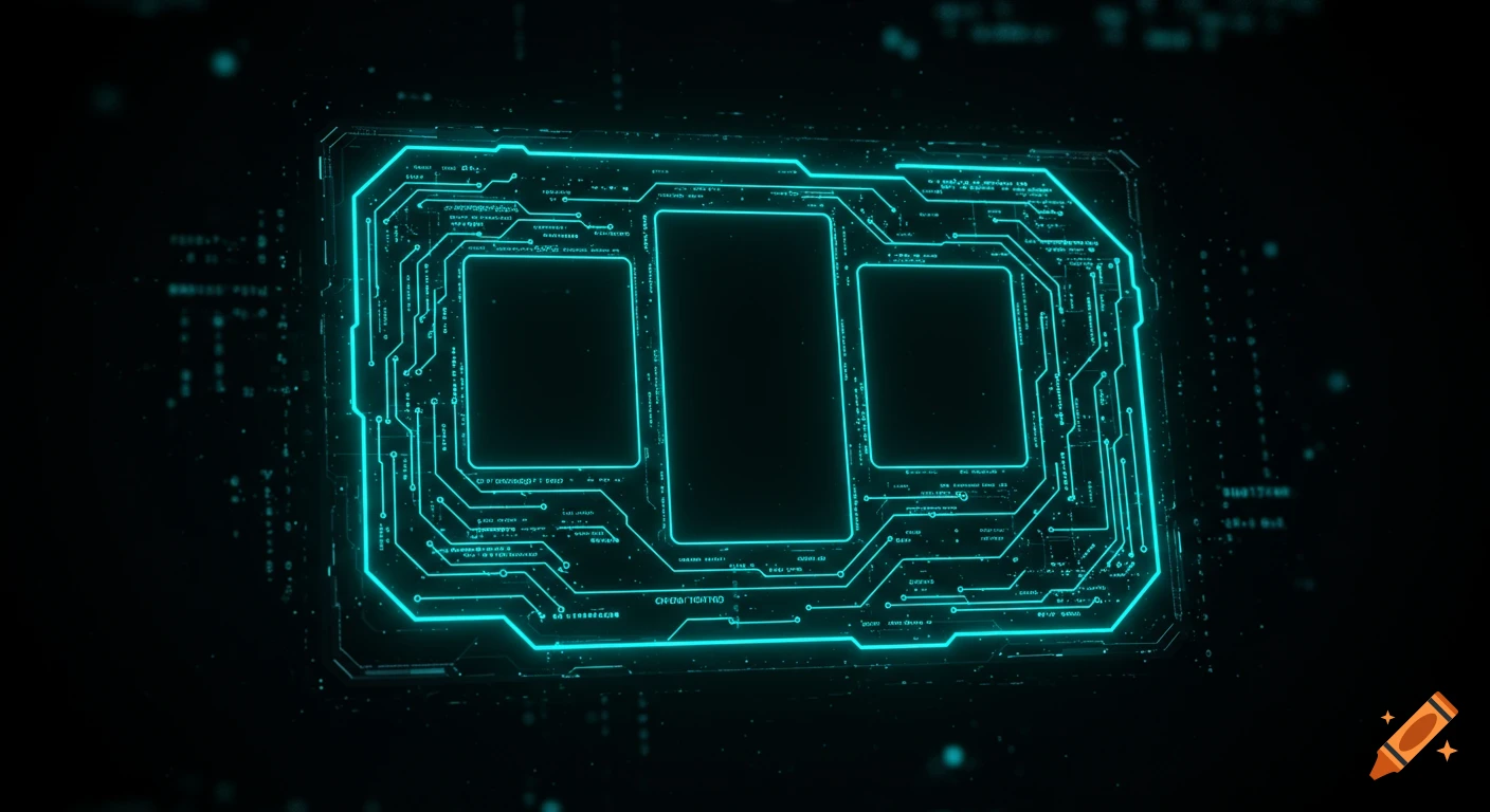 A simulated time travel device screen with neon turquoise glowing circuits and empty square spaces on a black background.