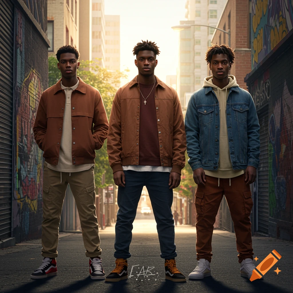 Three young Black men in diverse street fashion stand in a sunlit urban alleyway with graffiti.