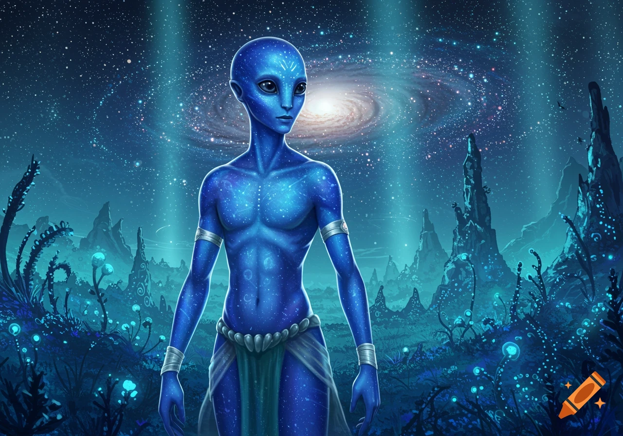 A blue alien with luminous patterns on its skin stands in an otherworldly landscape under a starry sky with a galaxy.