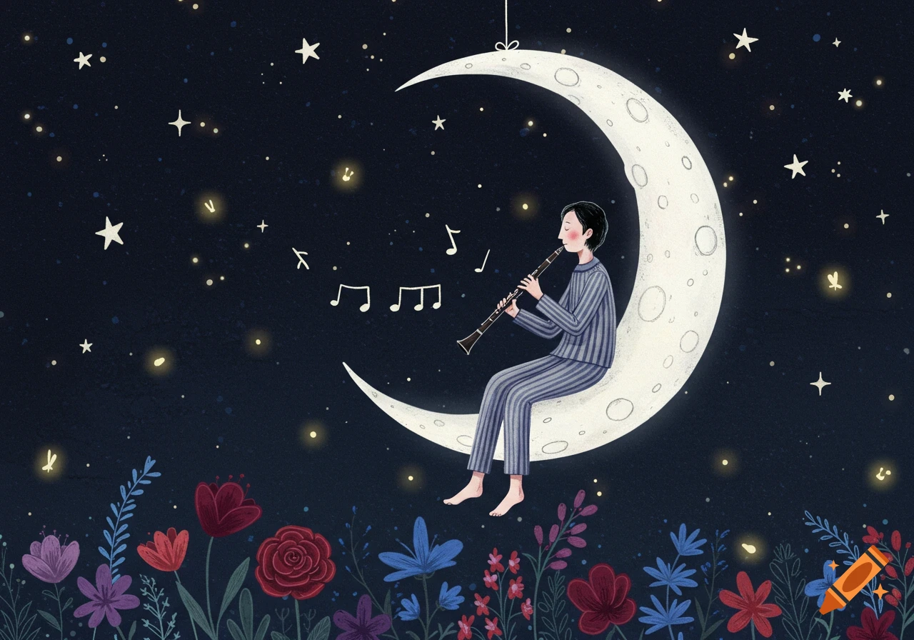 An illustration of a person in striped pajamas playing a clarinet while sitting on a crescent moon in a starry night sky above a colorful flower garden.