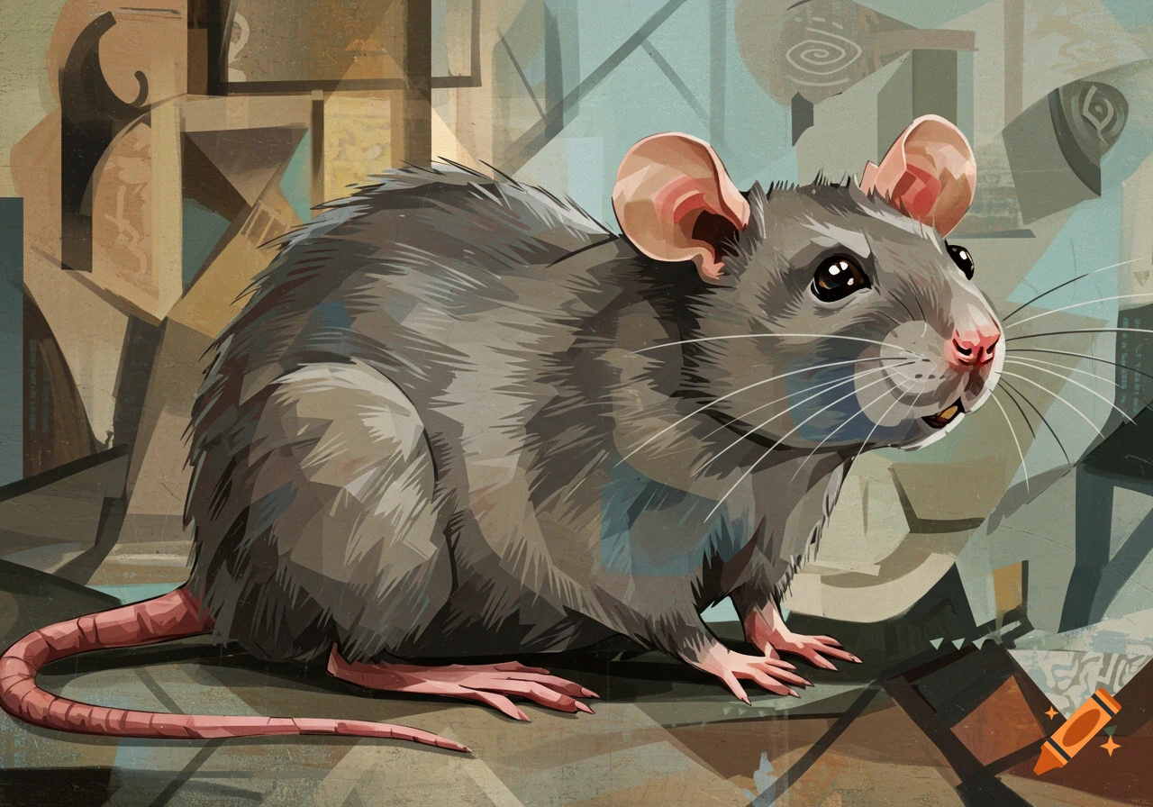 A rat depicted in a cubist art style with a geometric and abstract background.