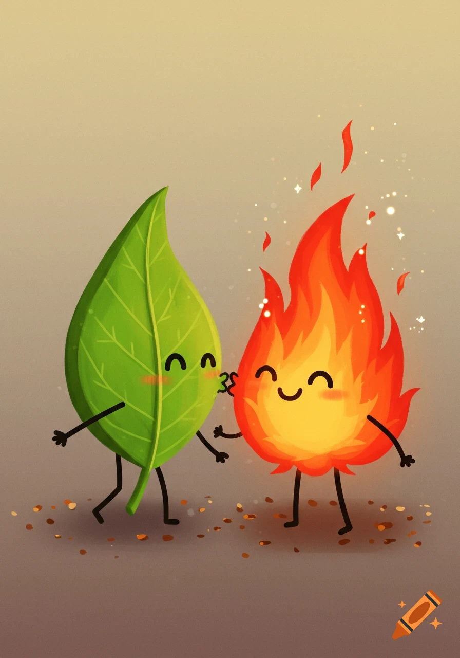 Cartoon illustration of a green leaf character kissing a fire character, both with cute faces and stick limbs.