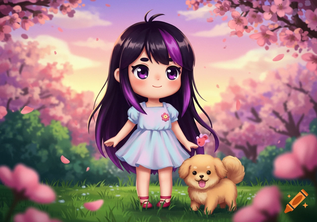 A cute anime girl with long black hair and purple streaks stands with a fluffy golden puppy in a cherry blossom park.