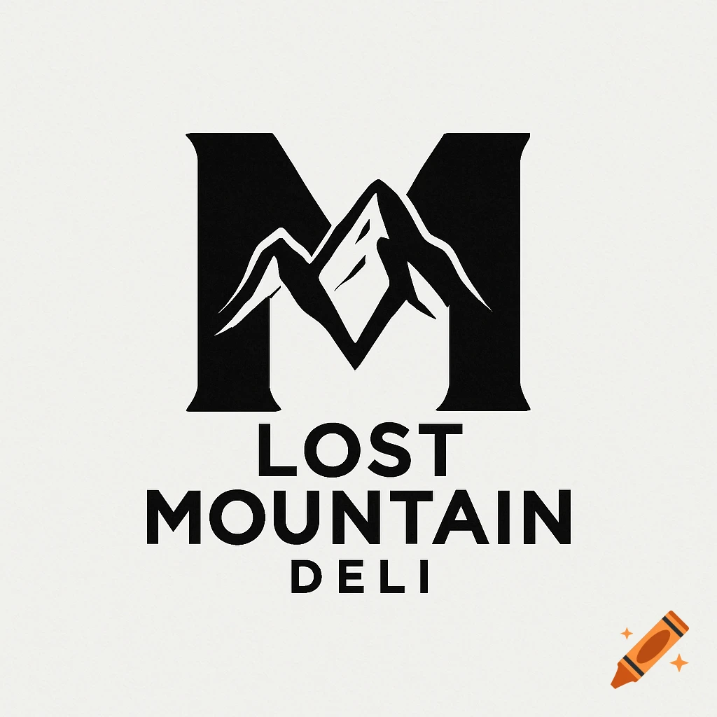 Black and white logo featuring a large M stylized as mountains above the text 'LOST MOUNTAIN DELI'.