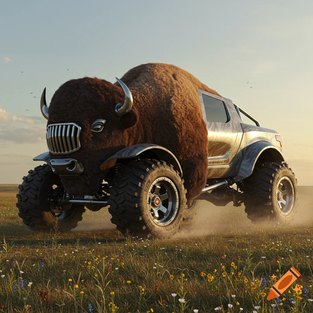Photorealistic image of a powerful off-road monster truck designed to resemble a bison, driving through a dusty, wildflower-filled field.