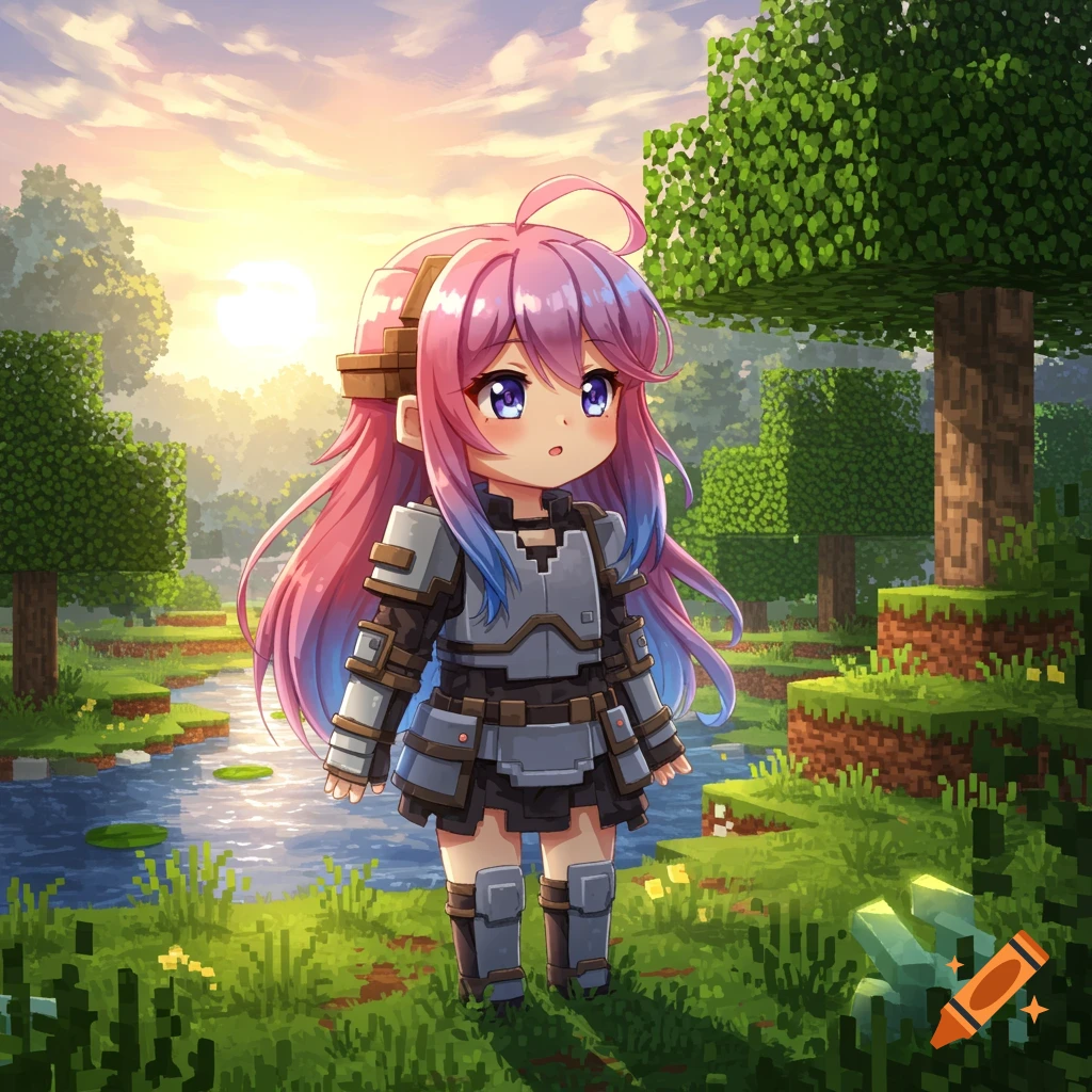 A cute anime girl with pink and blue hair wearing armor stands in a blocky Minecraft-like world at sunset, next to a river.