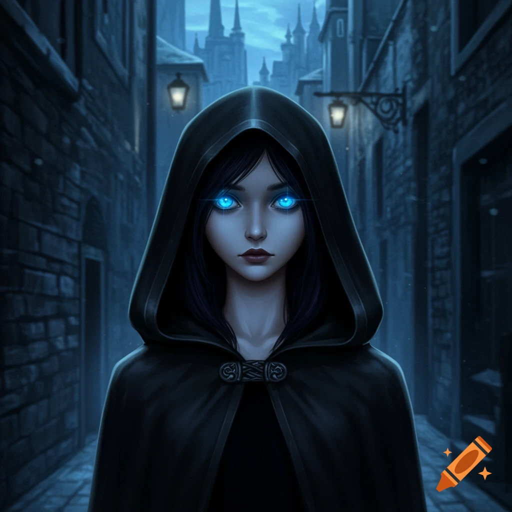 A dark-haired girl with glowing blue eyes in a black hooded cloak stands in a shadowy alleyway with old buildings.