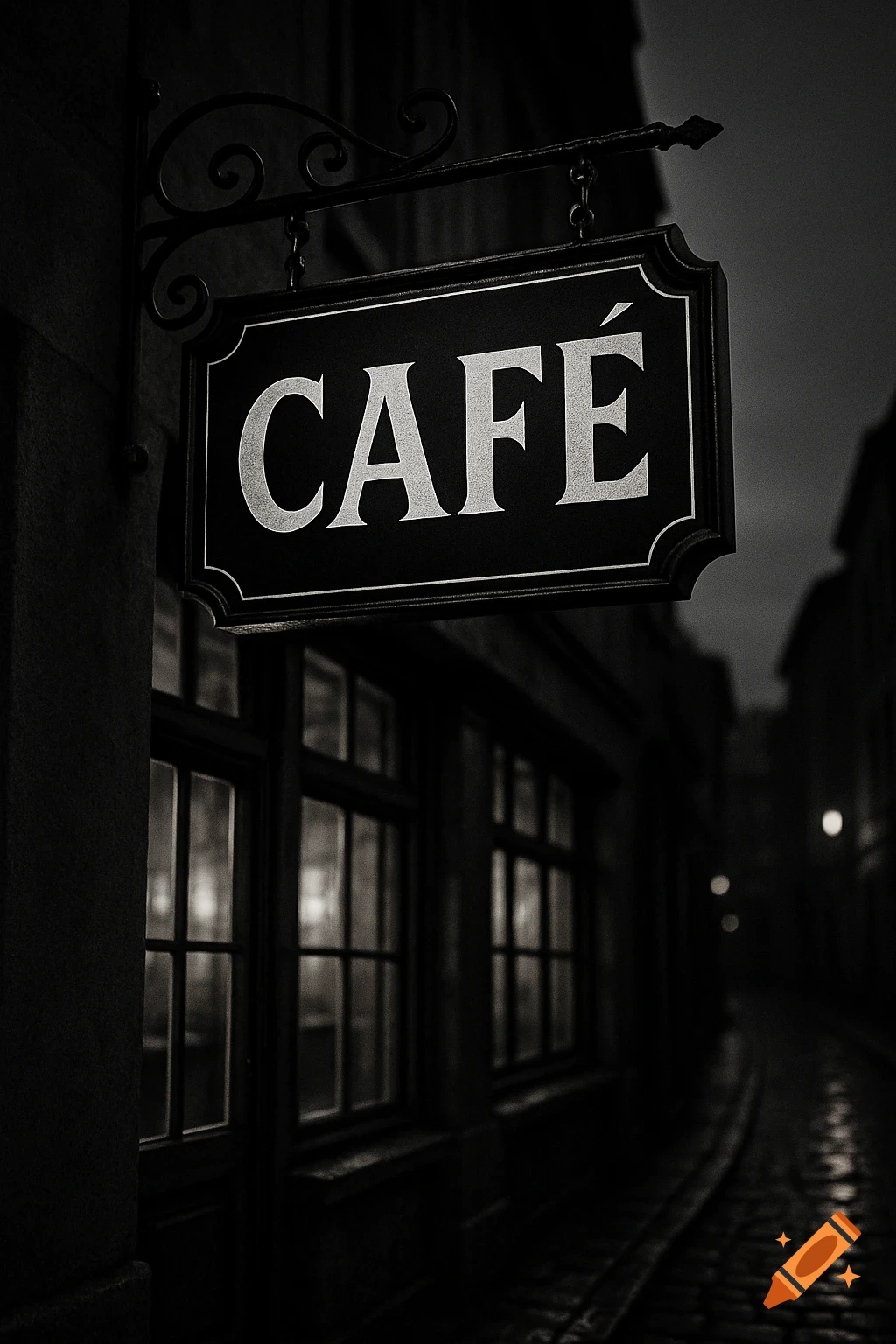 Black and white photo of a 'CAF ' sign hanging outside a building on a dark, wet street.
