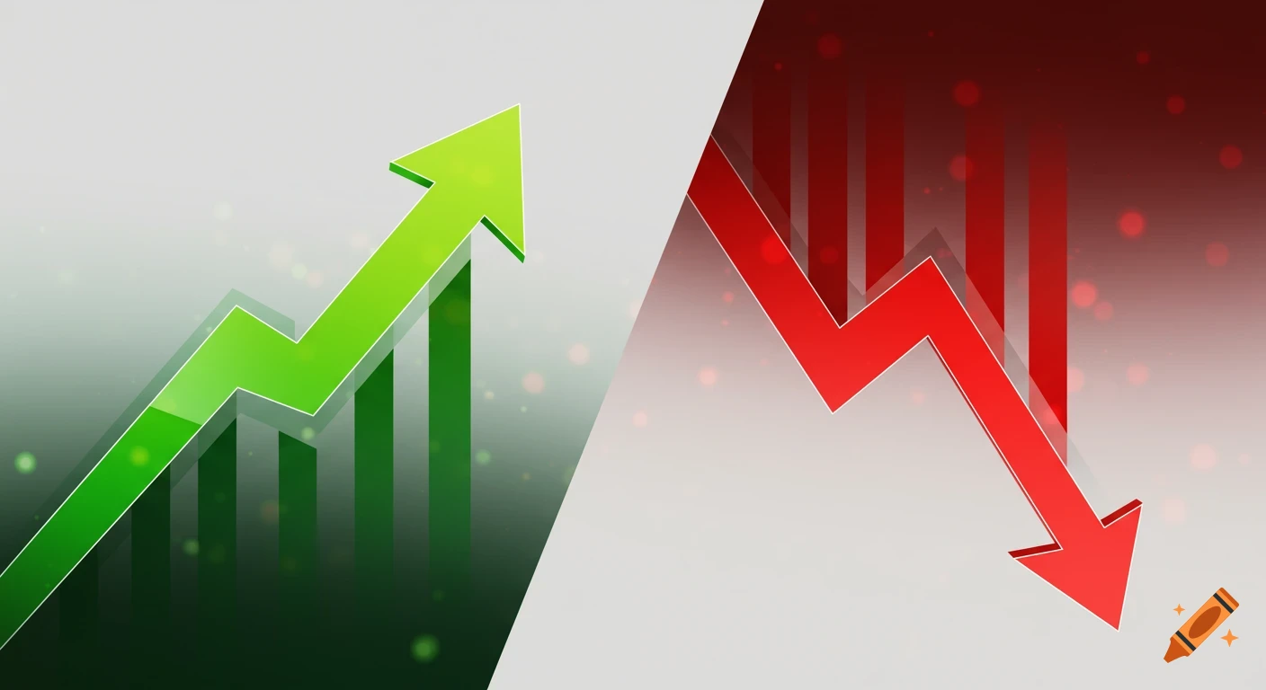 A split graphic with a green upward arrow on the left and a red downward arrow on the right.