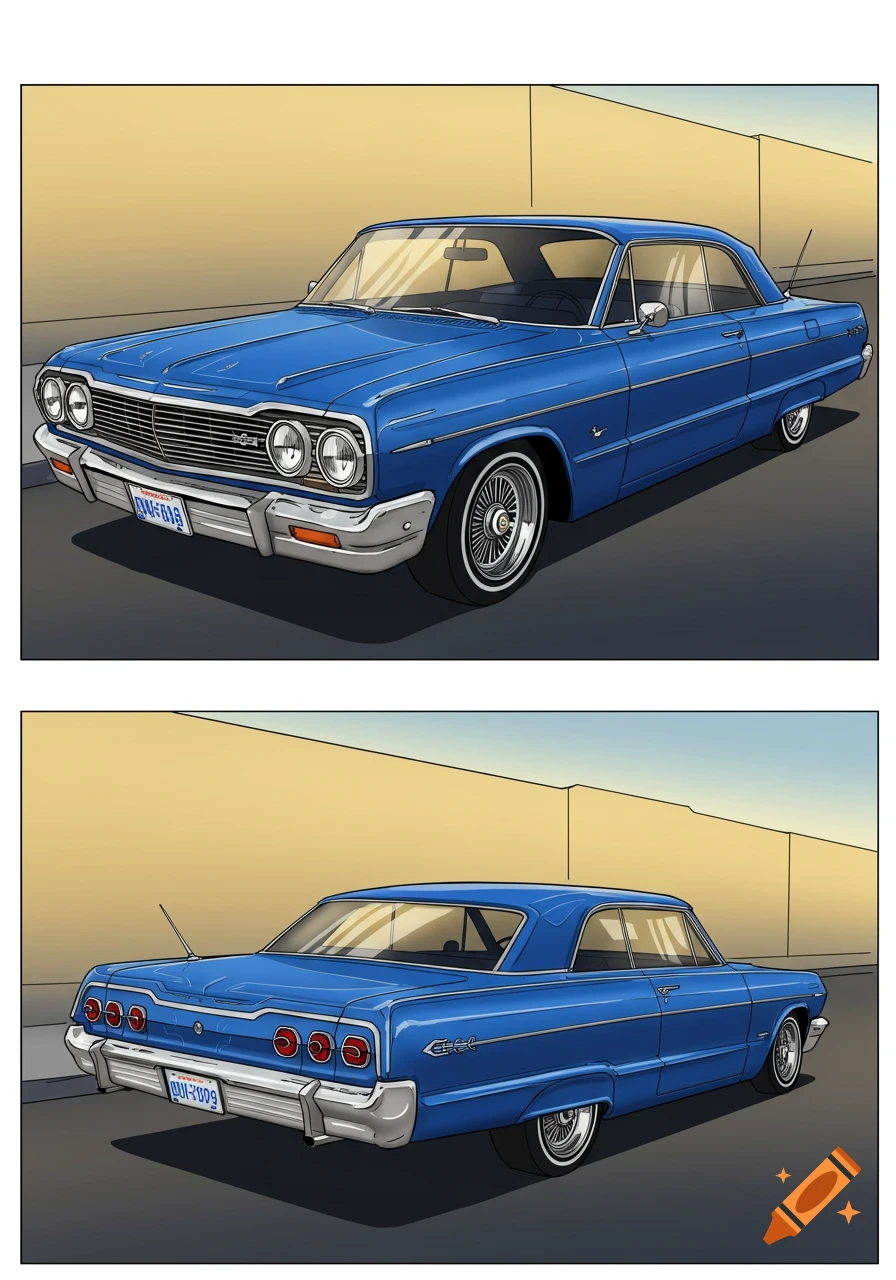 Two 2D animation illustrations of a blue lowrider car, one from the front-right and one from the rear-left.