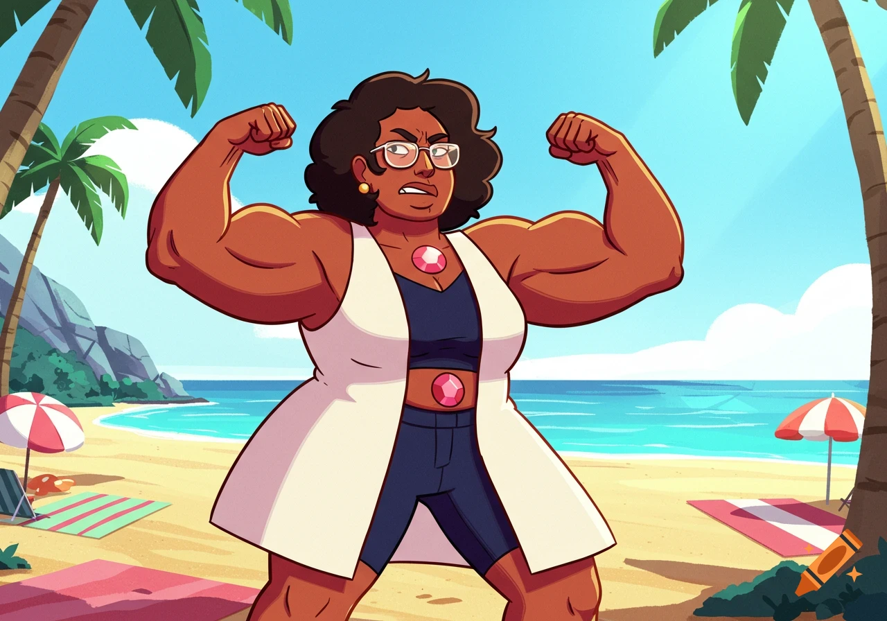 A cartoon of Connie's mom, a strong woman with dark skin and curly hair, flexing her biceps on a sunny beach.