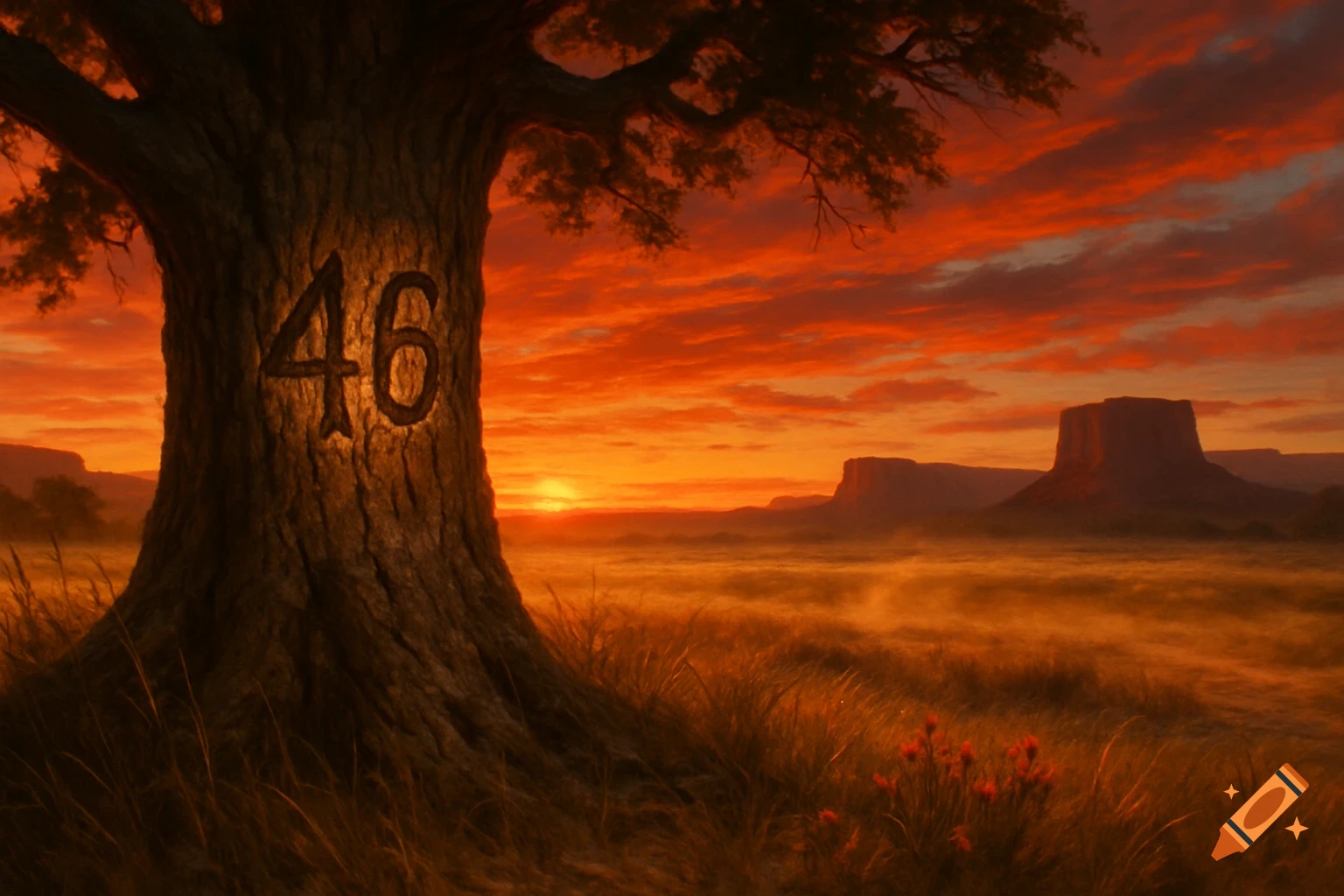 A large tree with the number 46 carved into its trunk stands against a vibrant orange sunset over a desert landscape with mesas.