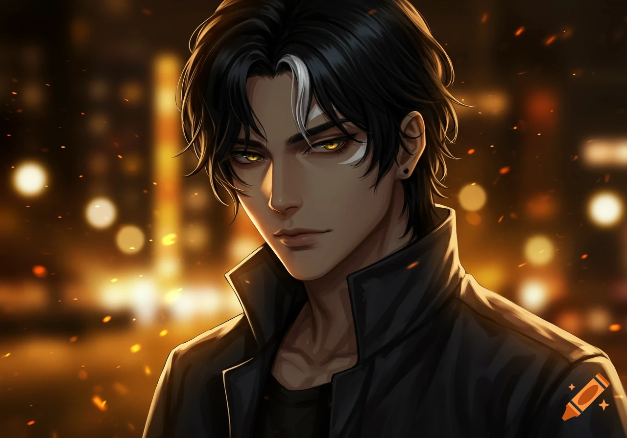 An anime-style portrait of a man with black hair, a white streak, and glowing yellow eyes, against a blurred city lights background.
