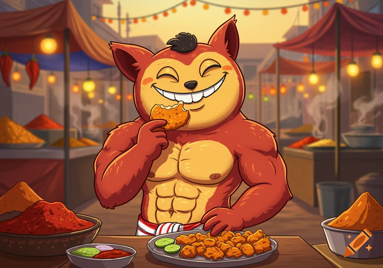 A muscular, happy red and yellow cartoon monster with abs eats pakora at a vibrant market stall.