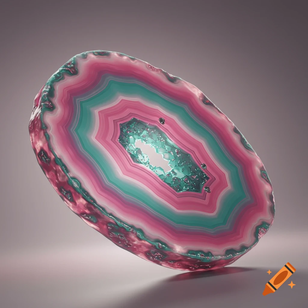 A close-up, photorealistic image of a vibrant pink and teal agate slice, showcasing its concentric layered patterns.