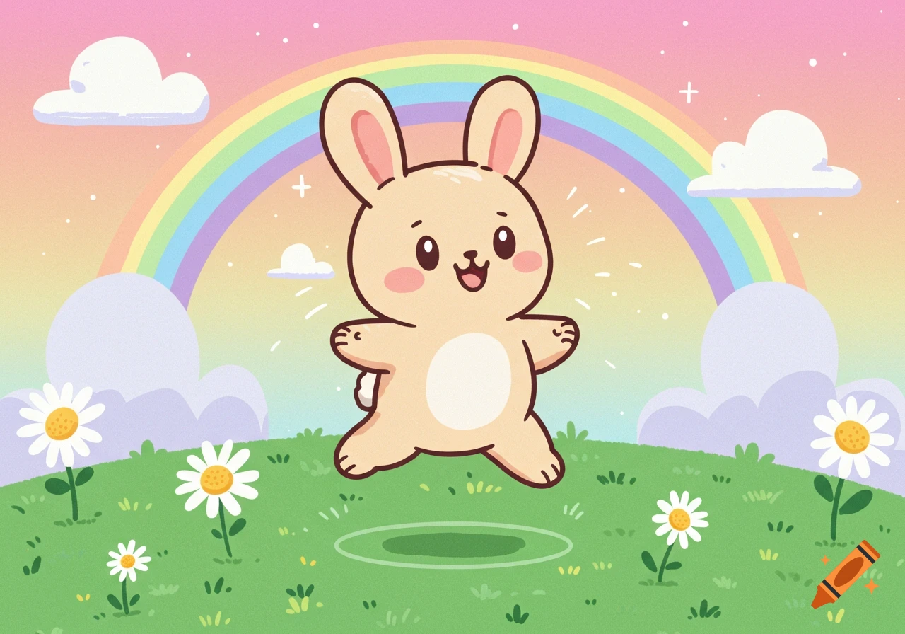 A cute cartoon rabbit with rosy cheeks jumps happily on green grass under a rainbow, with white daisies and clouds.
