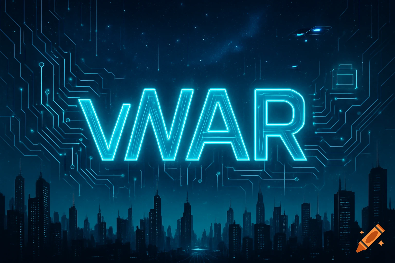Glowing neon blue "VWAR" text hovers above a dark, futuristic cityscape silhouette with circuit board lines in the background.