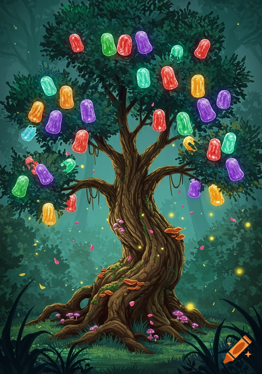 A whimsical fantasy illustration of a large tree adorned with colorful, glowing jellybeans in a dark, magical forest.