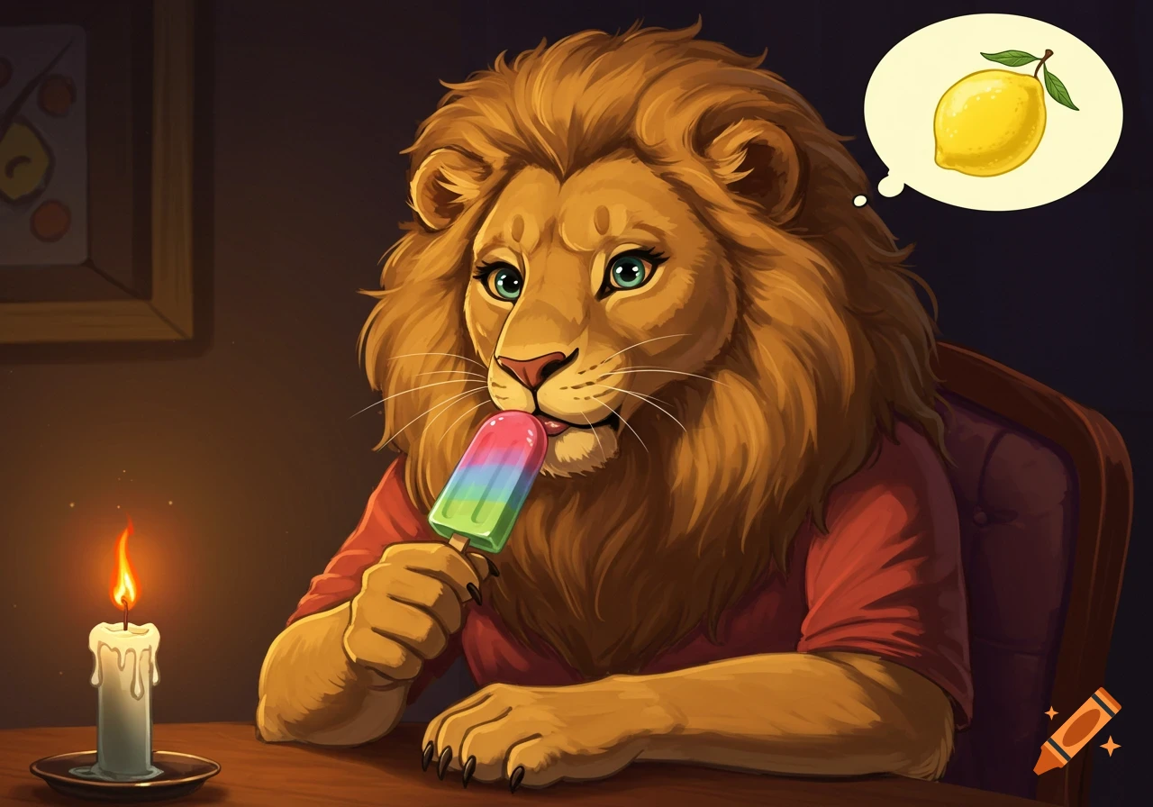 A cartoon lioness in a red shirt eats a rainbow popsicle, looking at a candle on a table, with a thought bubble of a lemon.