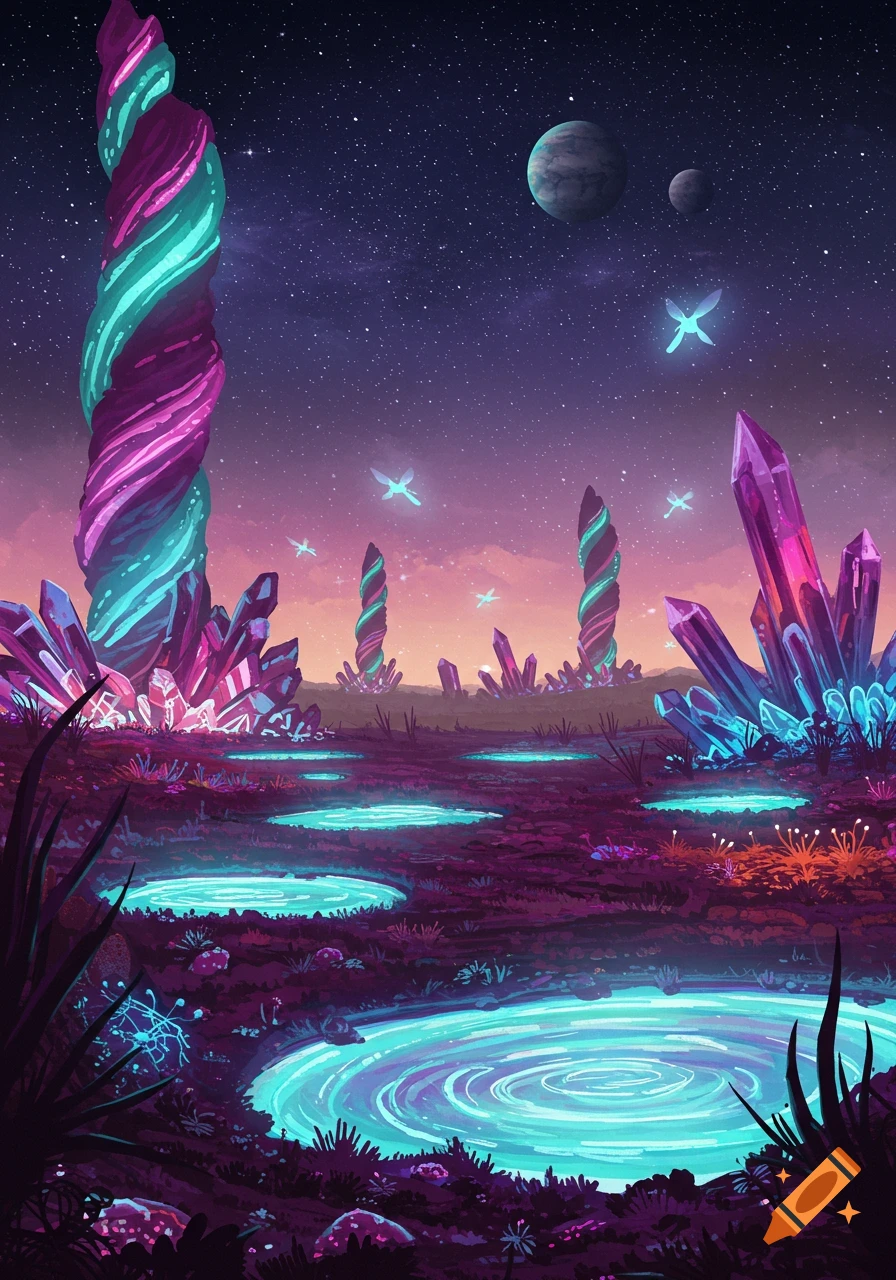 Vibrant alien landscape with glowing crystals, luminous pools, and twisted spires under a starry sky with planets.