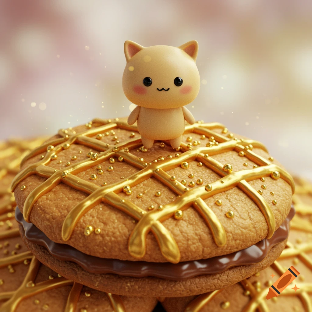A small, cute, light brown cartoon cat character with big eyes and pink cheeks stands on a round cookie decorated with gold lattice and sprinkles.