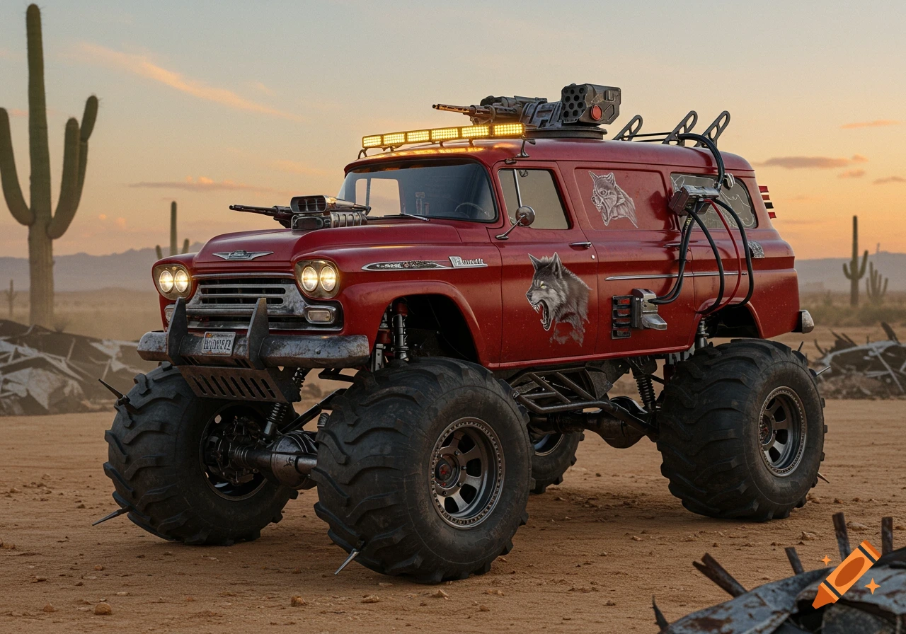 Red 1959 Chevrolet Apache monster truck with weapons, large spiked tires, and wolf graphics in a desert at sunset.