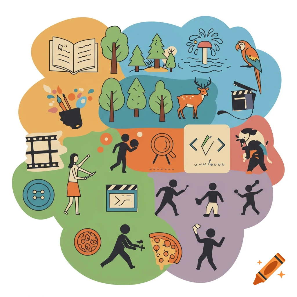 A colorful collage of minimalist icons representing various camp activities, including reading, nature, animals, art, movies, coding, games, and cooking.