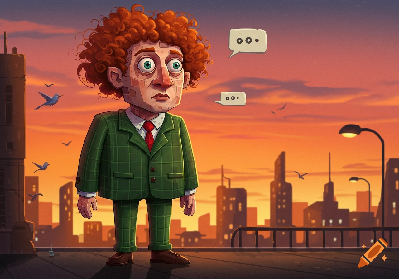 A cartoon man with red curly hair and blocky features in a green plaid suit stands on a rooftop at sunset, with speech bubbles showing ellipses.