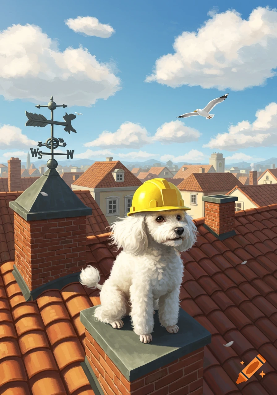 A cute white poodle wearing a yellow construction hat sits on a chimney on a rooftop, overlooking a town under a blue sky with clouds and a flying seagull.