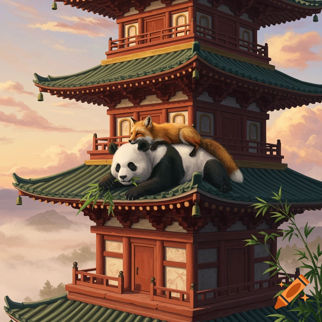 A red fox rests on a giant panda eating bamboo on the green roof of a red pagoda, with a cloudy sky at sunset.