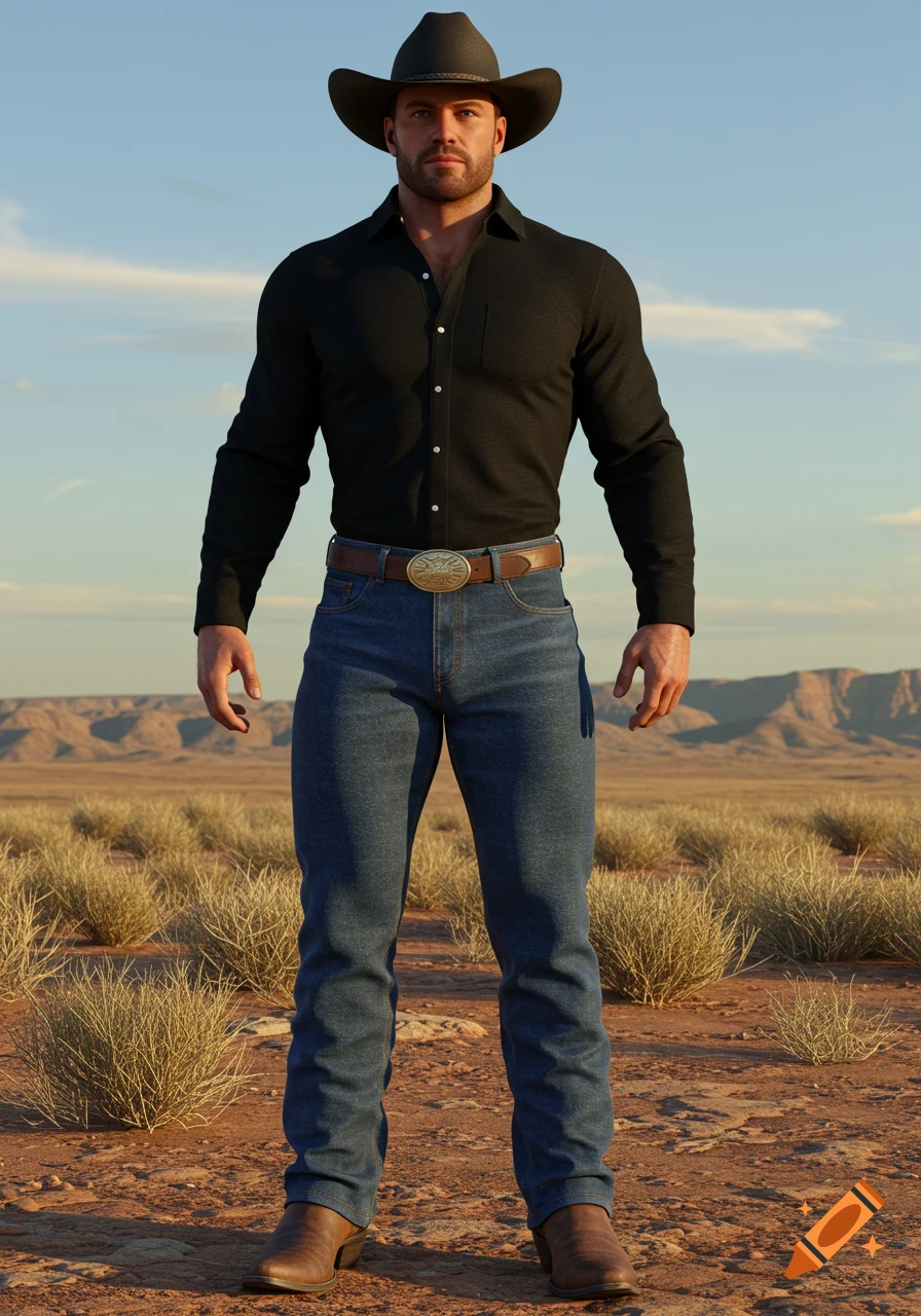 A photorealistic man in a black shirt, blue jeans, and cowboy hat stands in a desert with brush and mountains in the background.