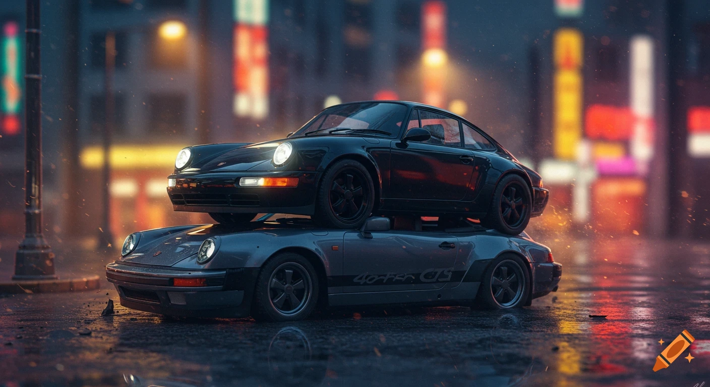 A black Porsche 911 coupe is stacked on top of a grey Porsche 911 convertible on a wet city street at night, with bright streetlights in the background.