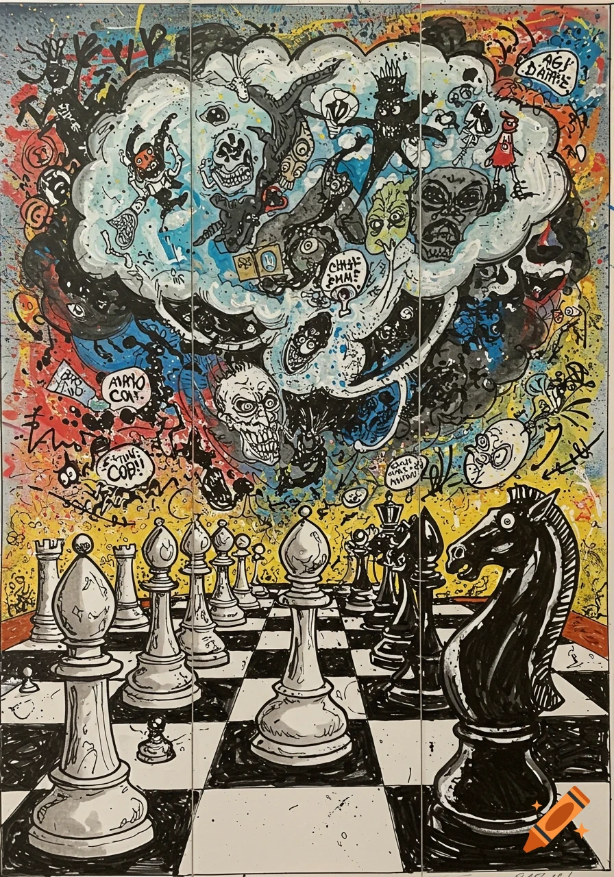 A stylized illustration of a chess board with pieces, featuring a chaotic, thought-bubble like cloud above filled with grotesque, fantastical figures, scribbles, and distorted text, in a style inspired by Ralph Steadman.