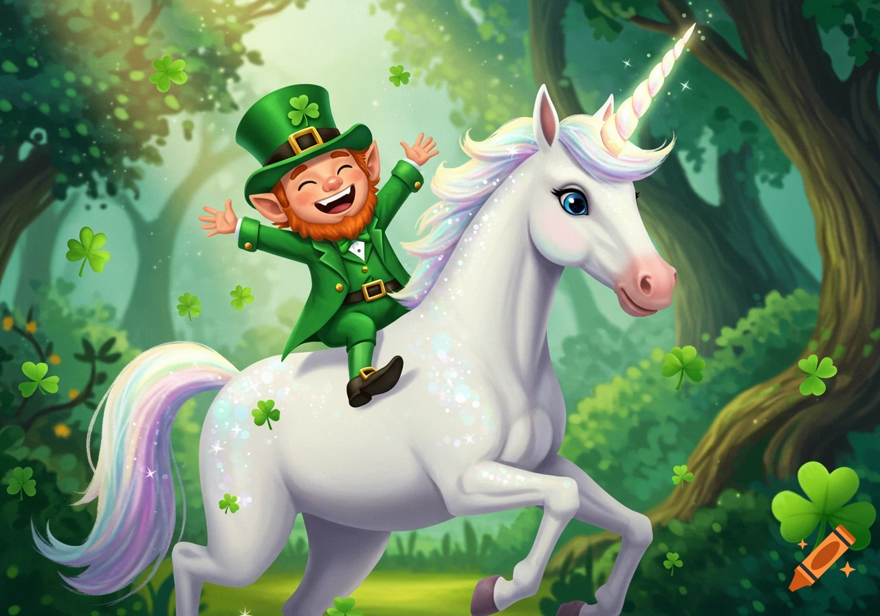 An animated leprechaun with a green hat and suit joyfully rides a white unicorn with a rainbow mane and tail through a magical forest with falling shamrocks.