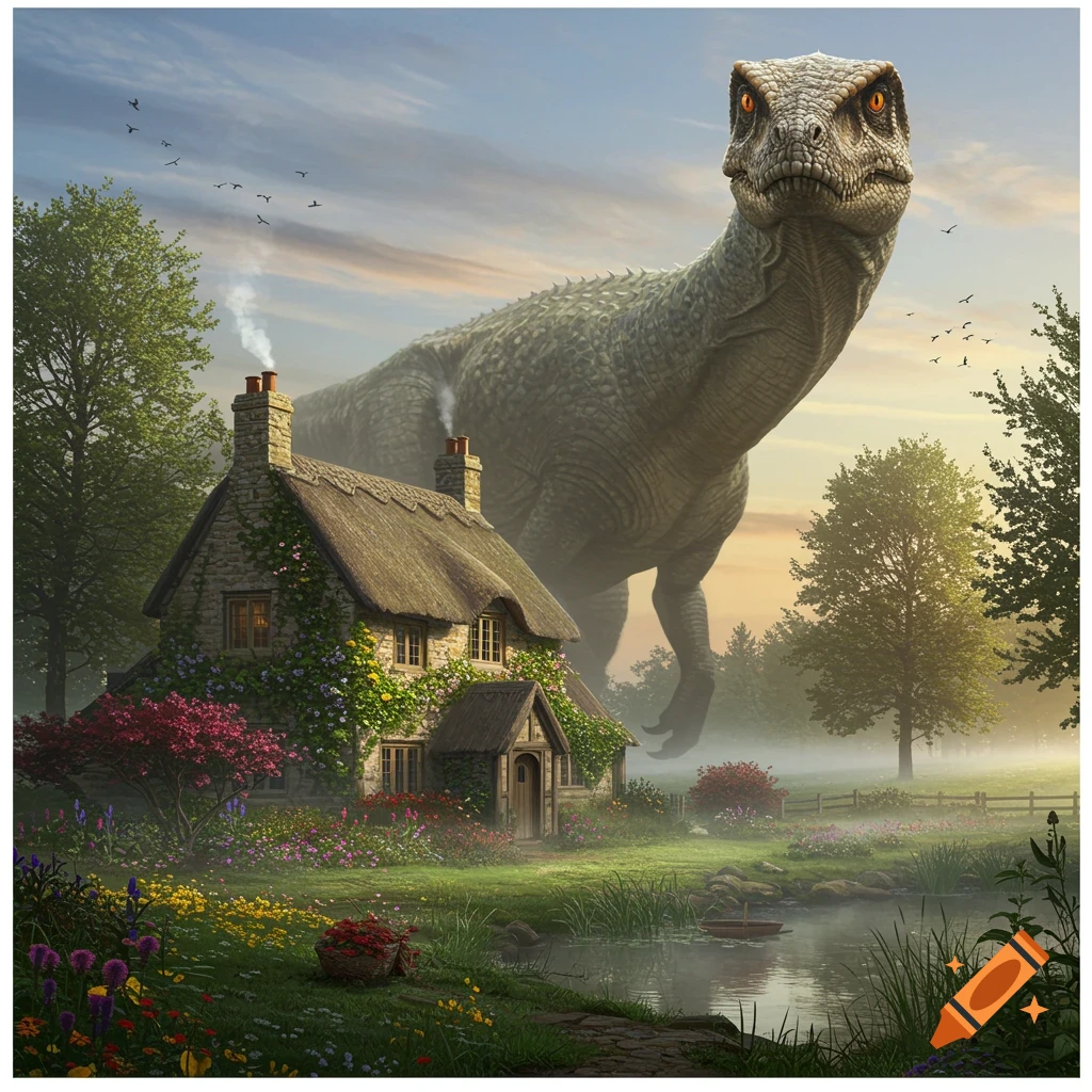 A gigantic dinosaur stands over a quaint country house surrounded by colorful flowers, trees, and a pond under a cloudy sky in a photorealistic style.