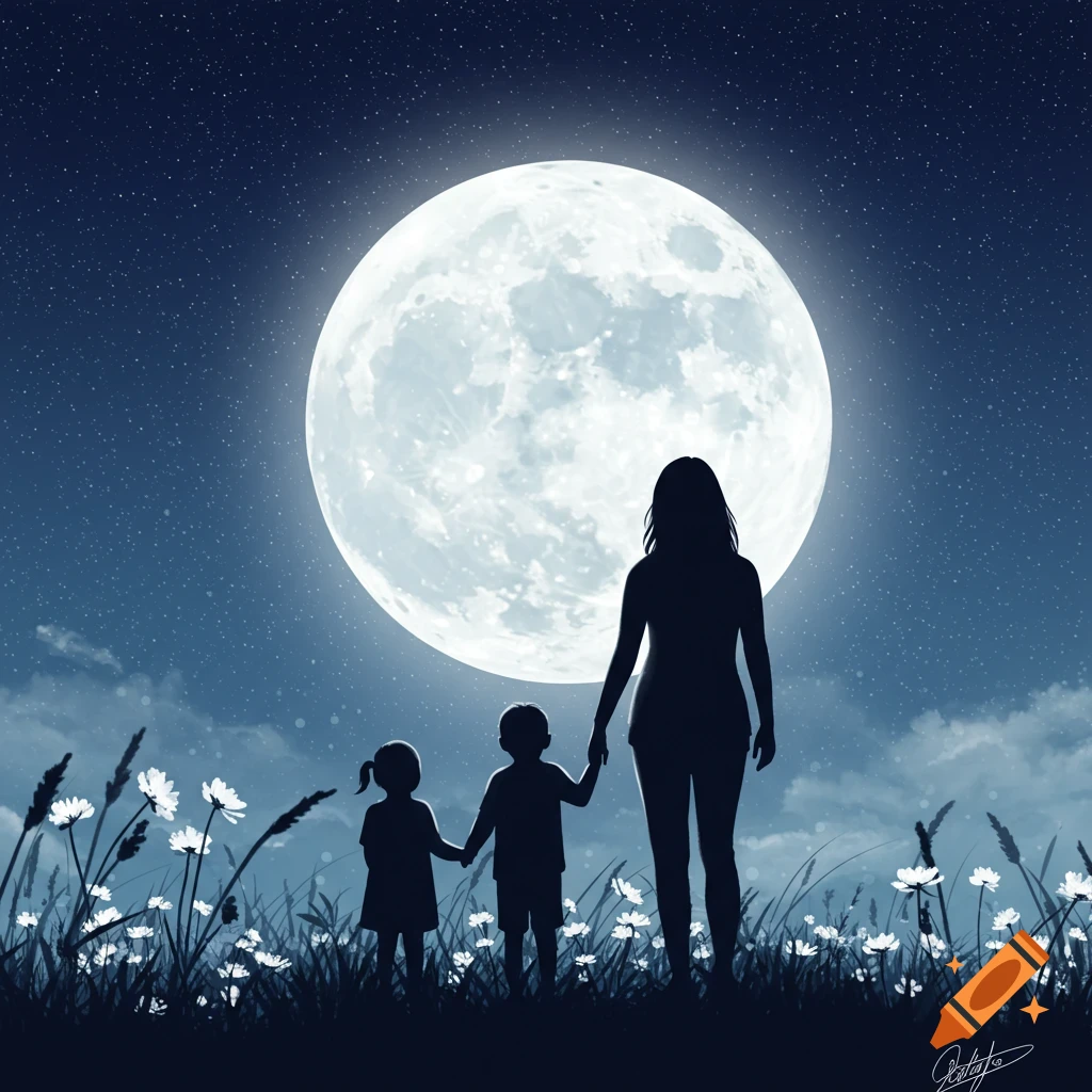 Silhouette of a mother and two children holding hands in a field with wildflowers under a large full moon and starry night sky.