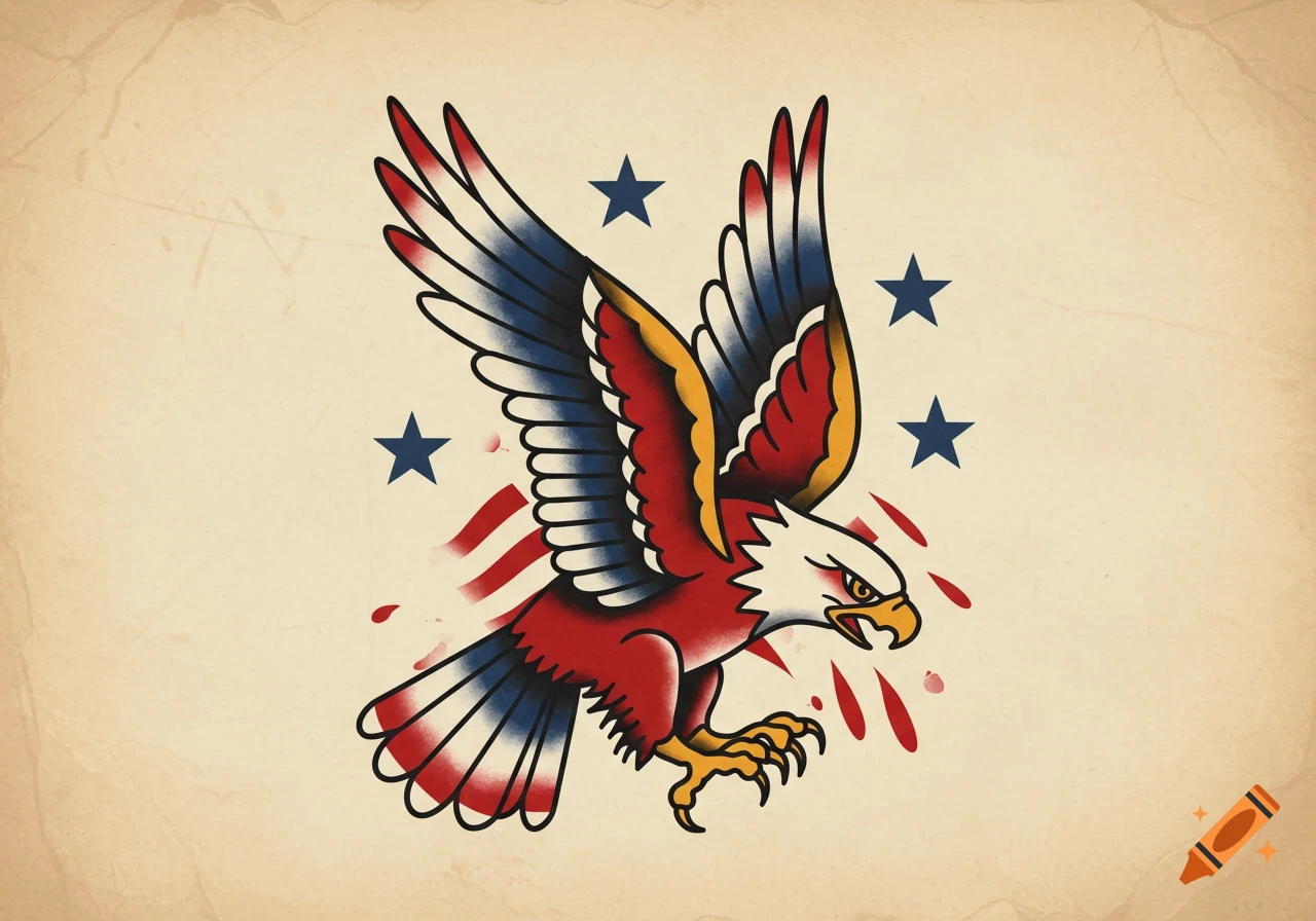 A traditional American style tattoo of an eagle with red, white, and blue wings and body, surrounded by blue stars and red streaks, on a textured background.