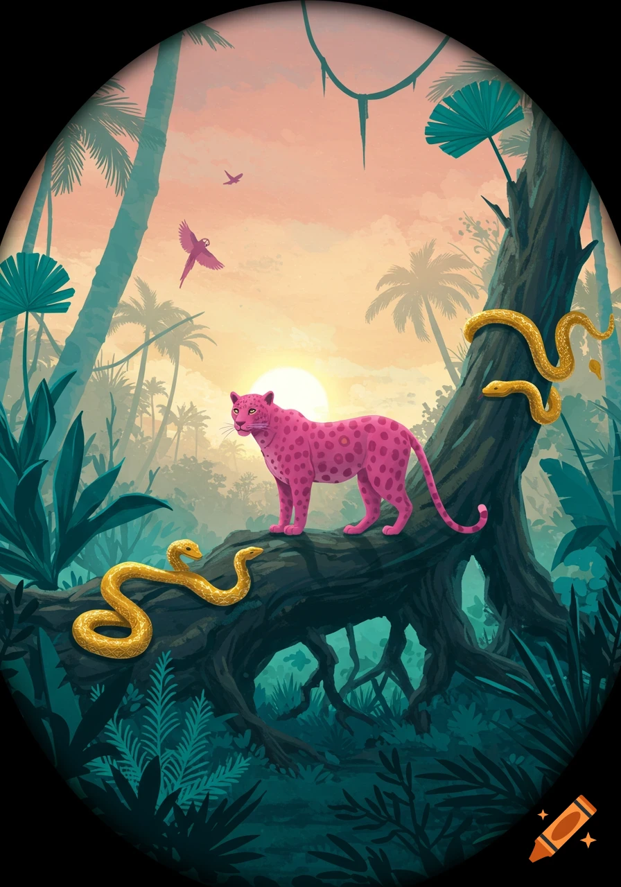 A stylized, vibrant jungle scene with a bright pink leopard and golden snakes on a tree trunk at sunrise, viewed through an oval frame.