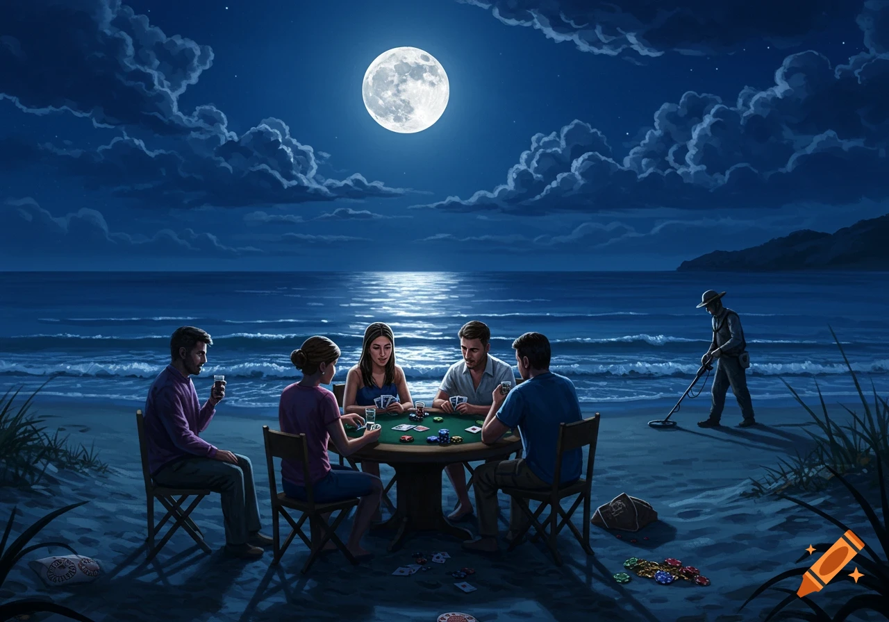 A group of people playing poker on a moonlit beach at night, with a person using a metal detector nearby.