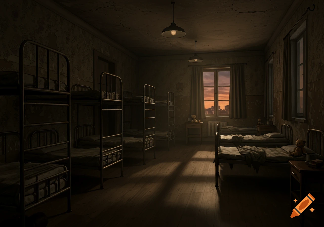 Dimly lit 1930s orphanage room with multiple bunk beds and light from a window at sunset, showing dusty walls.