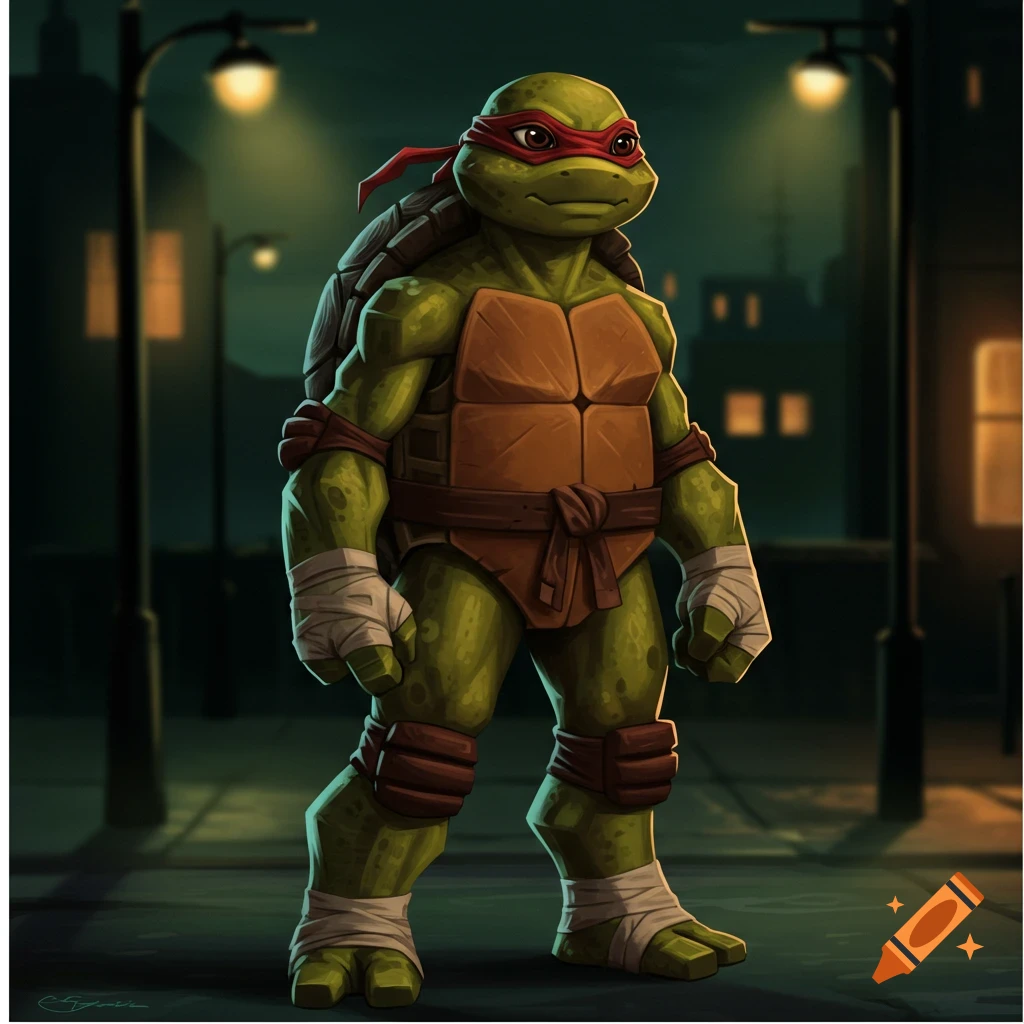 A cartoon ninja turtle with a red mask stands in a dark urban alley under streetlights.